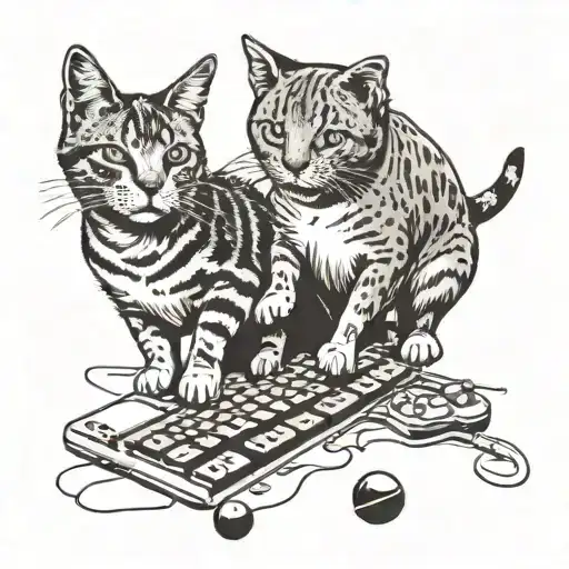 A tattoo design of a cat and dog playing together on a PC keyboard, with food scattered around them tattoo design idea