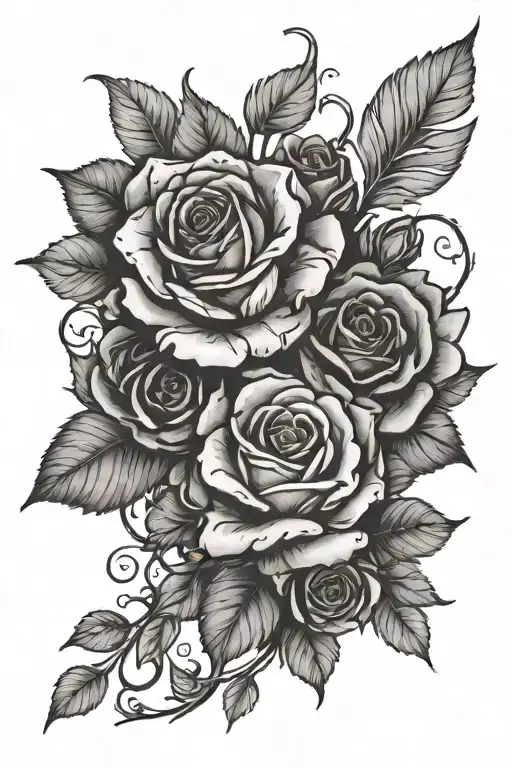 A black and white tattoo outline of a bunch of thick old spooky branches on the back of  sexy roses with few leaves tattoo design idea