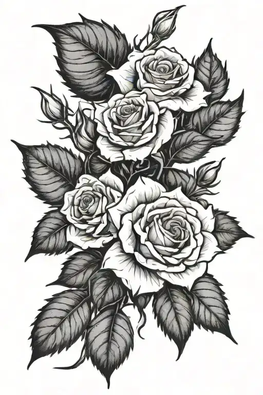 A black and white tattoo outline of a bunch of thick old spooky branches as the back of 1 sexy roses with many leaves tattoo design idea