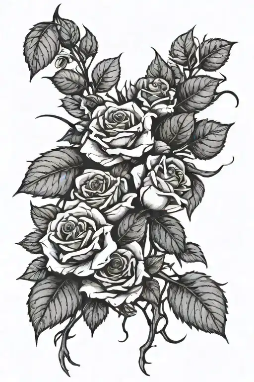A black and white tattoo outline of a bunch of thick old spooky branches on the back of  sexy roses with many leaves tattoo design idea