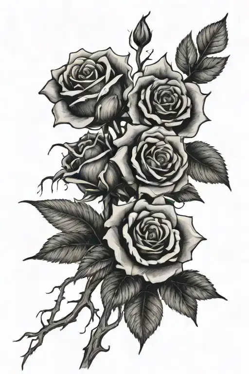 A black and white tattoo outline of a bunch of thick old spooky branches as the back of two sexy roses with many leaves tattoo design idea