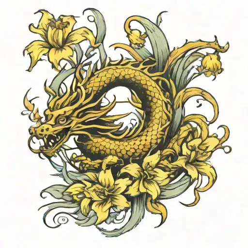 Golden Dragon and yellow Daffodils tattoo design idea