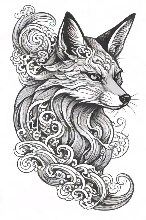 fox spirit with japanese waves tattoo design idea