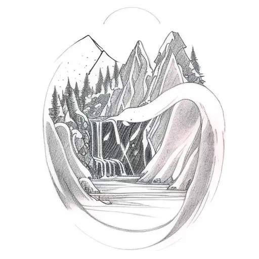 A tattoo of a waterfall flowing into a serene lake surrounded by mountains tattoo design idea