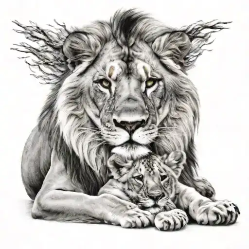 male lion and cub laying tattoo design idea