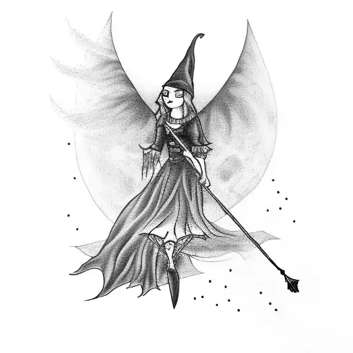 A black and grey tattoo of a witch flying on a broomstick over a moonlit sea, incorporating elements of goth music and witchcraft tattoo design idea