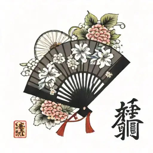 Japanese fan surrounded by cherry tattoo design idea