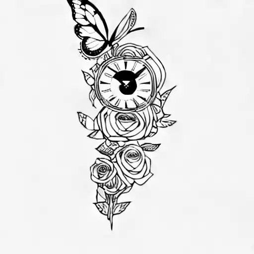 roses and a clock and a butterfly tattoo design idea
