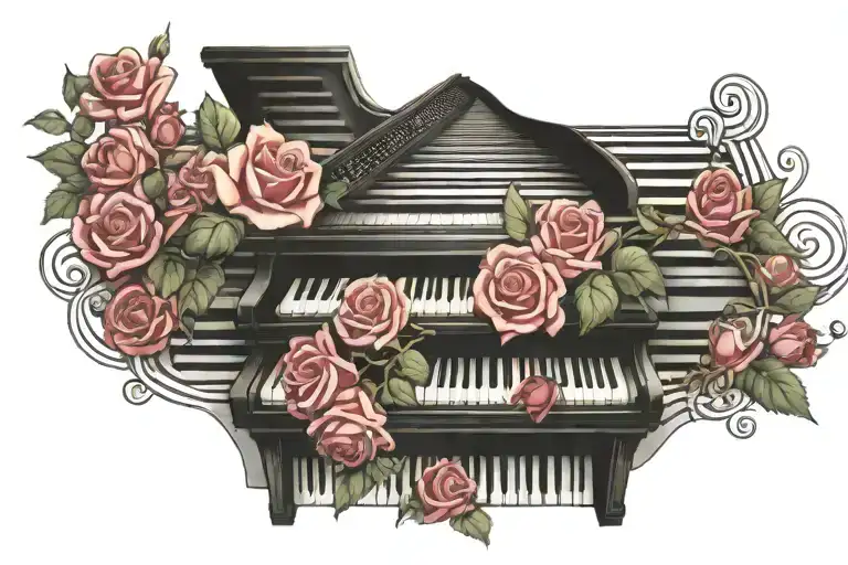 piano keys wrapped in roses as a stairway to heaven gates tattoo design idea