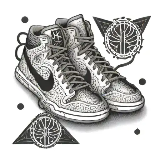A pair of basketball sneakers with a cancer sign pattern on the sides, highlighted with dotwork accents tattoo design idea