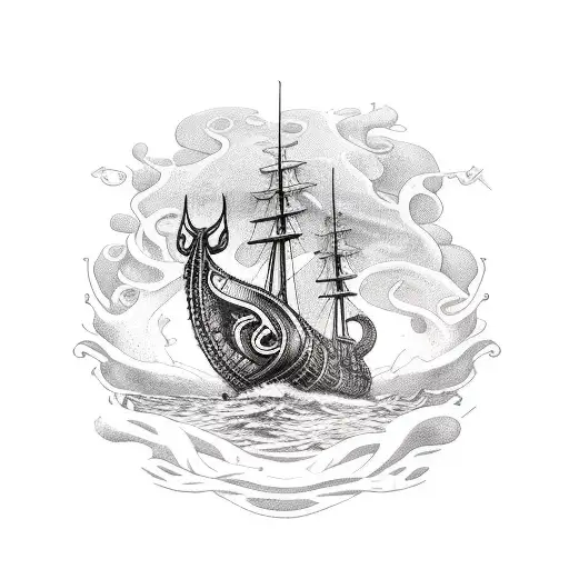 Viking ship attacked by kraken tattoo design idea