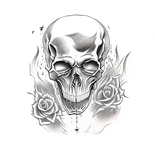 tattoo sleve with a devil and underneath a skull with a dead village tattoo design idea