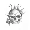 devil with a village and a skull on the bottom tattoo design idea