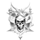 tattoo sleve with a devil and underneath a skull with a dead village tattoo design idea