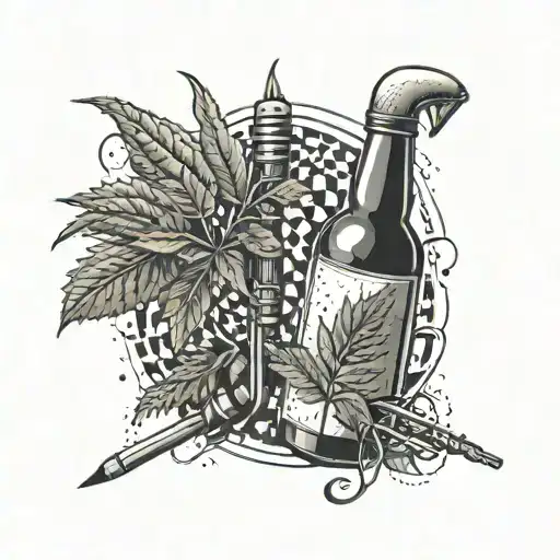 A beer bottle and weed leaf intertwined with golf clubs tattoo design idea
