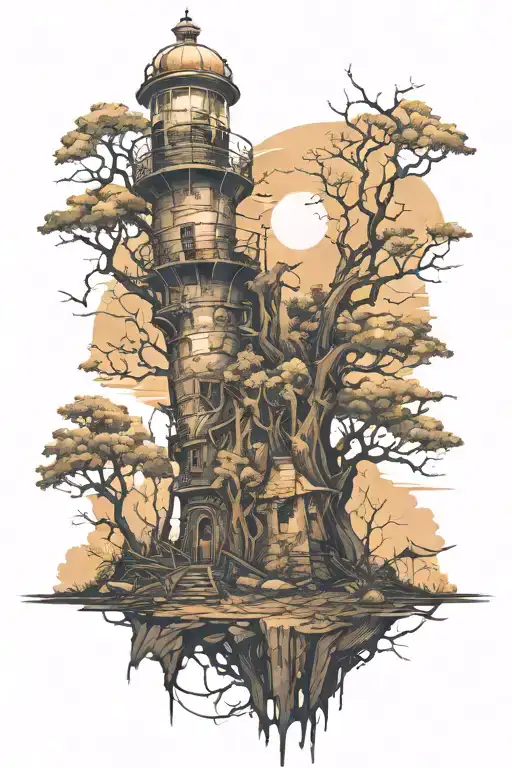 destroyed post apocalypse lighthouse in the forest  tattoo design idea