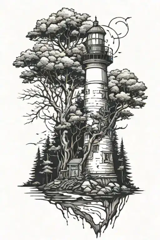 destroyed post apocalypse lighthouse surrounded by tall trees  tattoo design idea