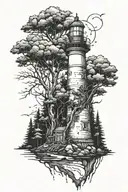 destroyed post apocalypse lighthouse surrounded by tall trees  tattoo design idea