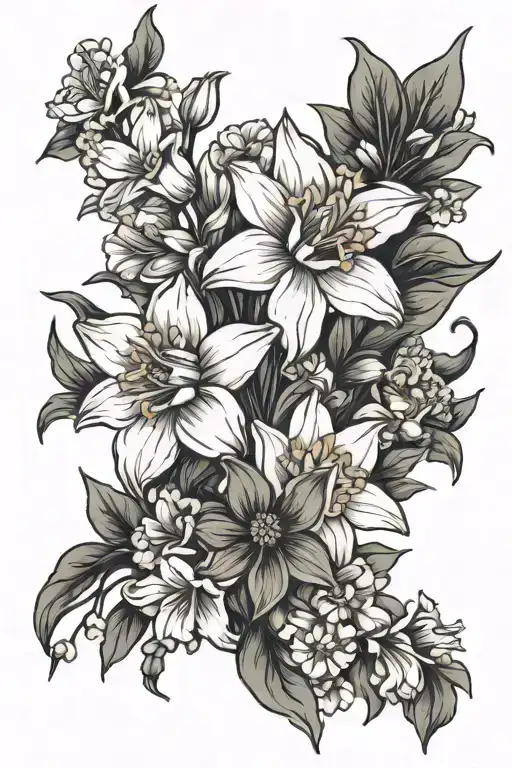 daffodil, lily, carnation, daisy flower bouquet tattoo design idea