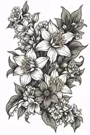 daffodil, lily, carnation, daisy flower bouquet tattoo design idea