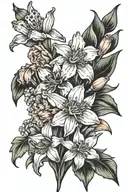 daffodil, lily, carnation, daisy flower bouquet tattoo design idea