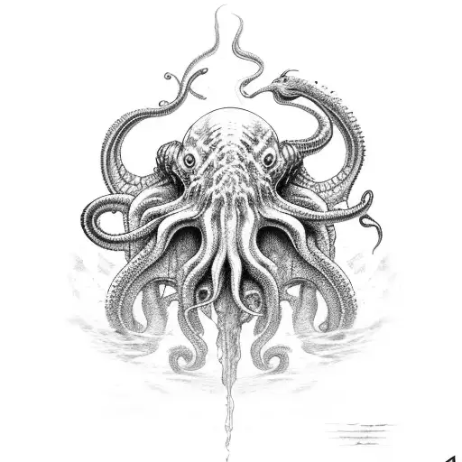 cthulhu, ocean depth), abyss, dark,  tattoo design idea