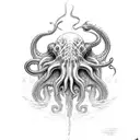 cthulhu, ocean depth), abyss, dark,  tattoo design idea