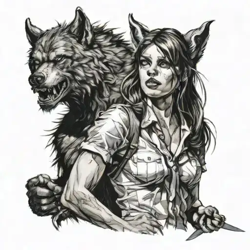 werewolf and girl with knife tattoo design idea
