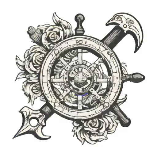 steering wheel of ship with chef knife and Aries ram tattoo design idea