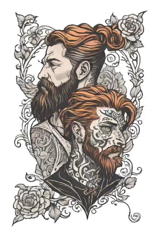 a handsome bearded young man cuddling his redhead princess tattoo design idea