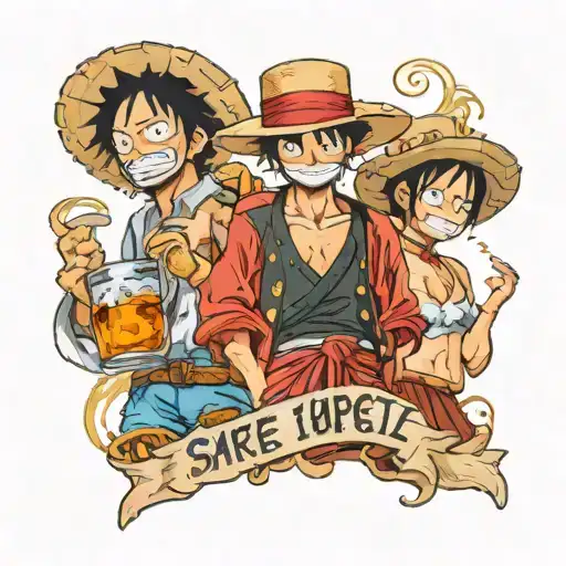 Create a tattoo design featuring three characters from One Piece: Luffy, Ace, and Sabo. Each character is holding a sake tattoo design idea