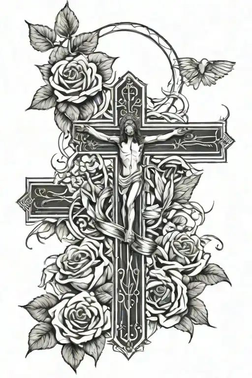 jesus on cross around cross cobra and rose  tattoo design idea