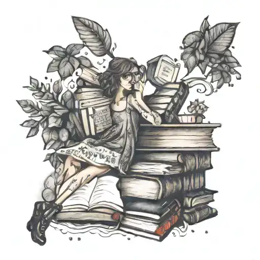 A detailed tattoo of a librarian surrounded by books, with a quote about dancing in the rain incorporated into the design tattoo design idea