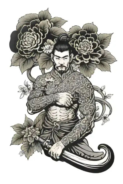 warrior in a garden tattoo design idea