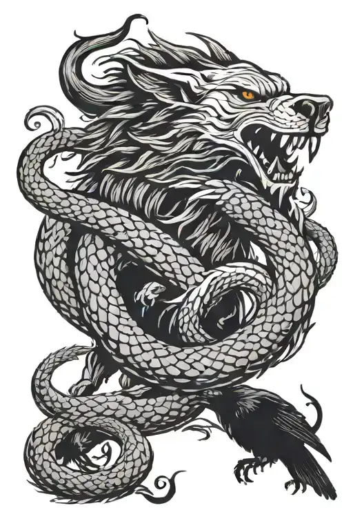 fenrir and jormungandr with raven perched tattoo design idea