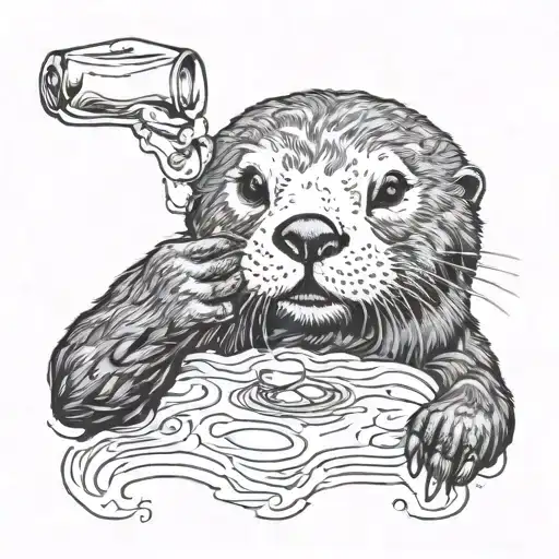 a distinguished sea otter drinking an old-fashioned tattoo design idea