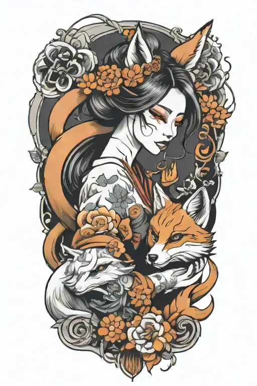 beautifull women with kitsune mask split in half sleeve tattoo tattoo design idea