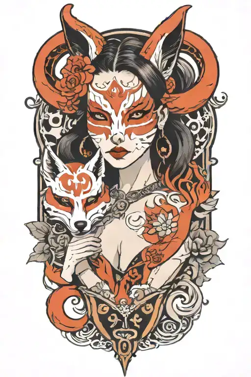 biutiful women with kitsune mask split in half tattoo design idea