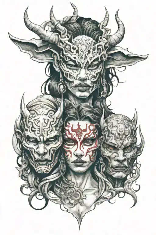  biutiful women with oni mask split in half tattoo design idea