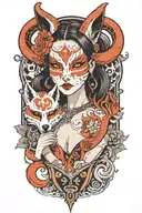 biutiful women with kitsune mask split in half tattoo design idea