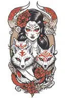  biutiful women with kitsune mask split in half tattoo design idea