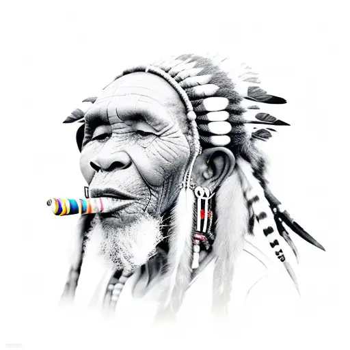 elderly khoisan medicine man with trinkets and animal skins ,teeth and feathers on head smoking ancient pipe  tattoo design idea