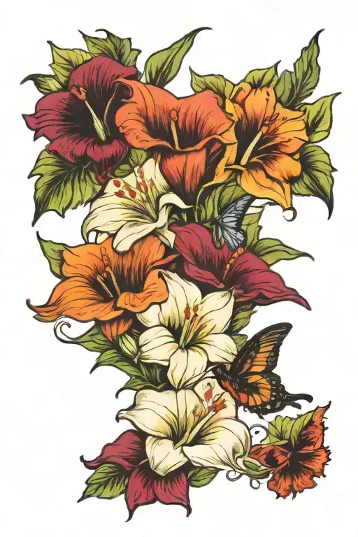 calla lillies sunflowers hibiscus hummingbird hovering tattoo design idea