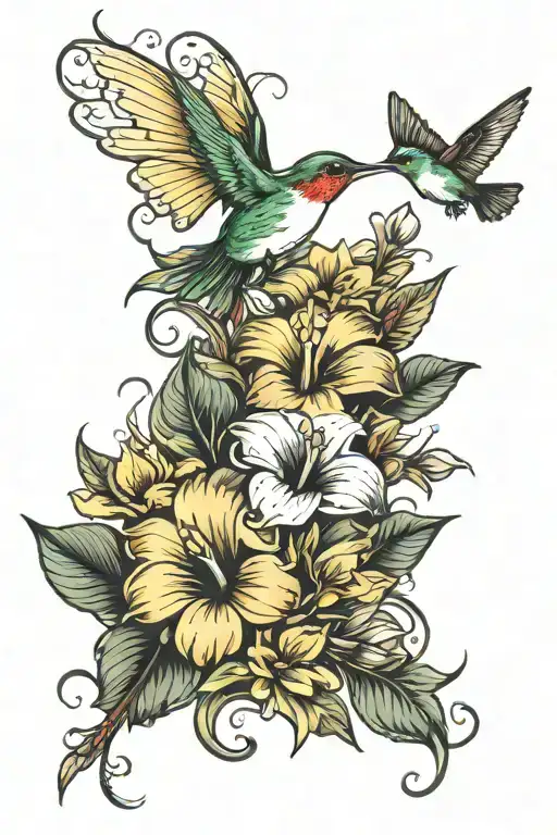 calla lillies sunflowers hibiscus hummingbird hovering tattoo design idea