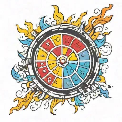A playful and vibrant new-school design of a roulette wheel with flames shooting out of it tattoo design idea