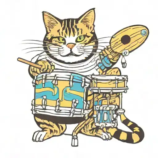 fat tabby cat playing colorful drum kit tattoo design idea