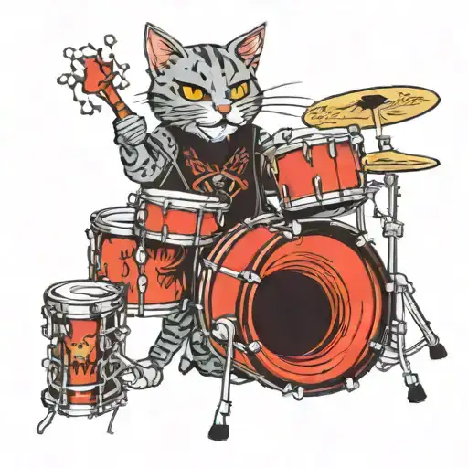 punk rock cat playing drums tattoo design idea