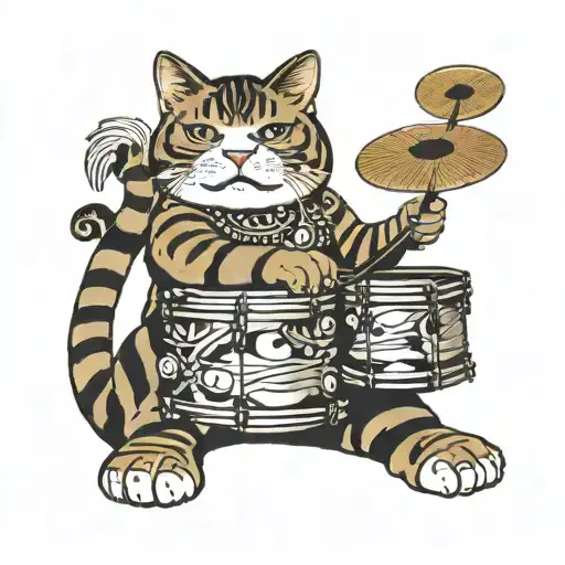 fat tabby cat playing drums tattoo design idea