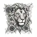 lion face split in half with sunflowers on one side tattoo design idea