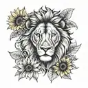 lion face split in half with sunflowers on one side tattoo design idea